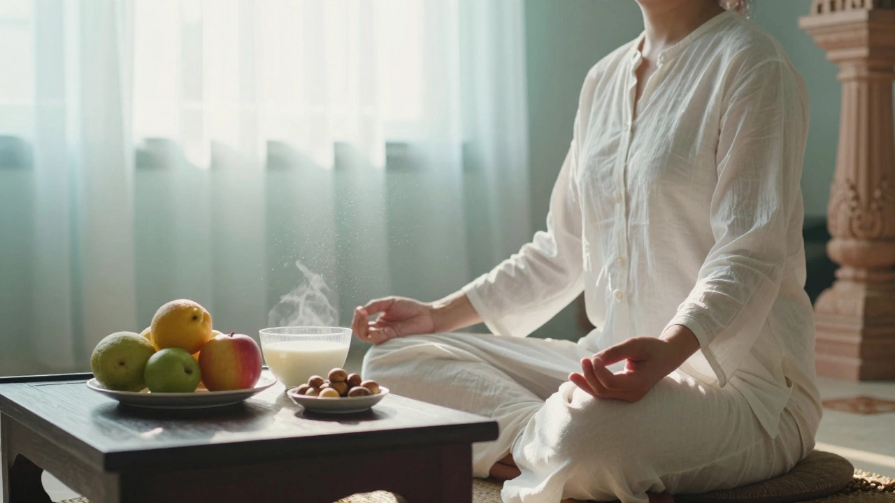 Meditative figure with fresh fruits and milk on a wooden tray in sunlit room.