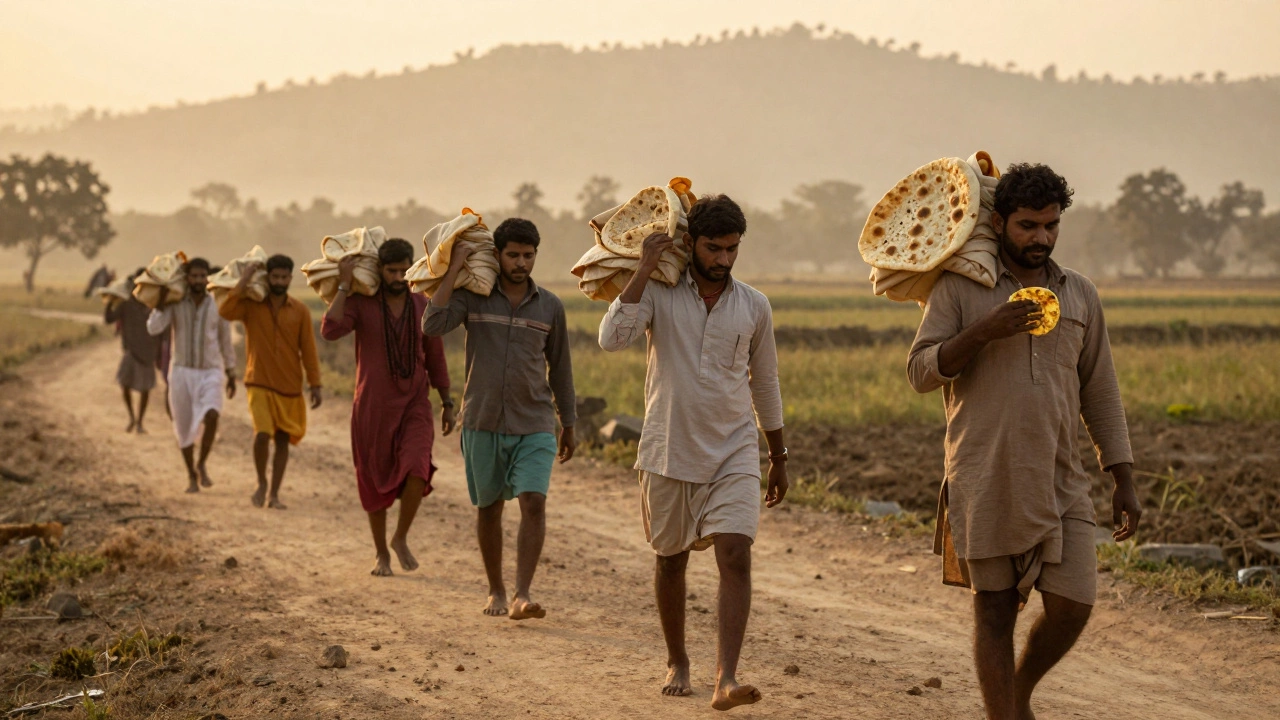Rural laborers walking to work at sunrise, one eating a roti with ghee.
