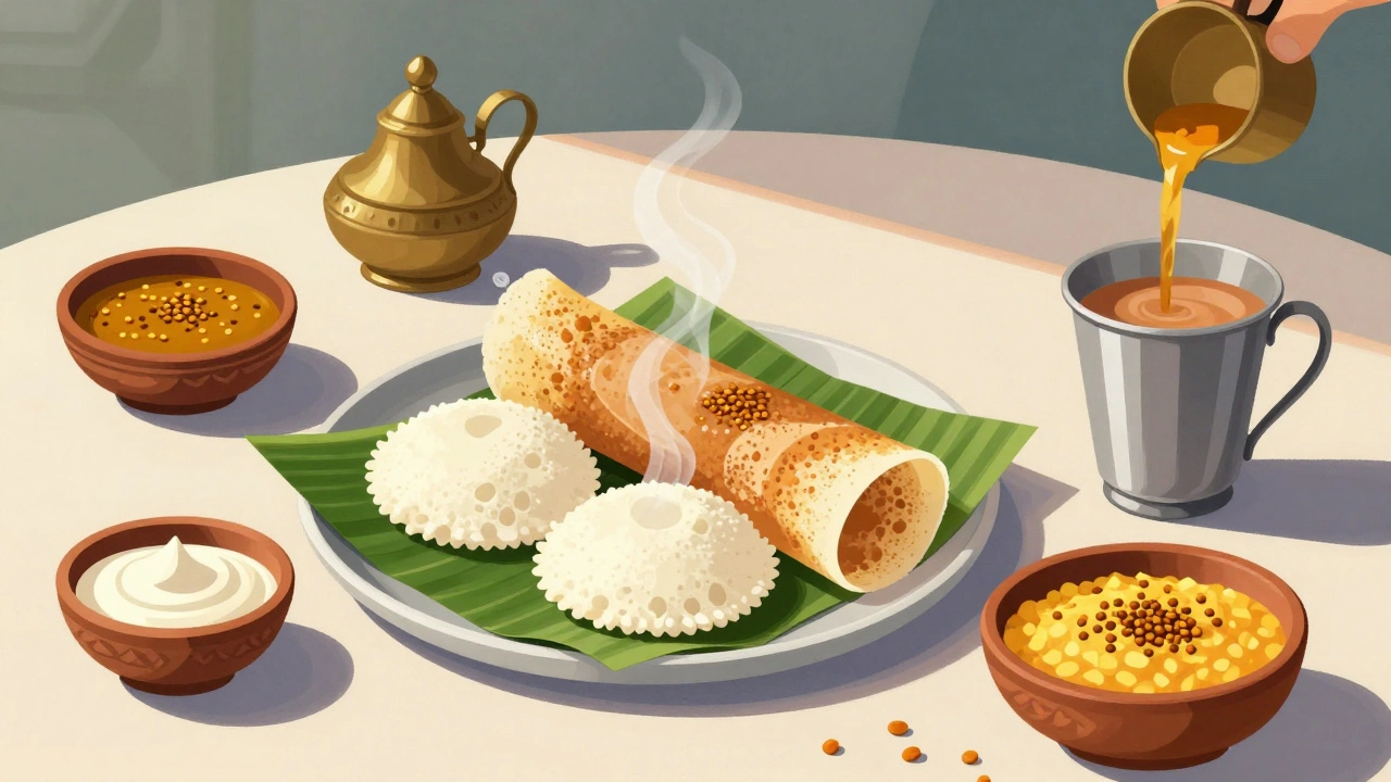 South Indian breakfast of idlis, dosas, and coconut chutney with masala chai, served on a banana leaf.