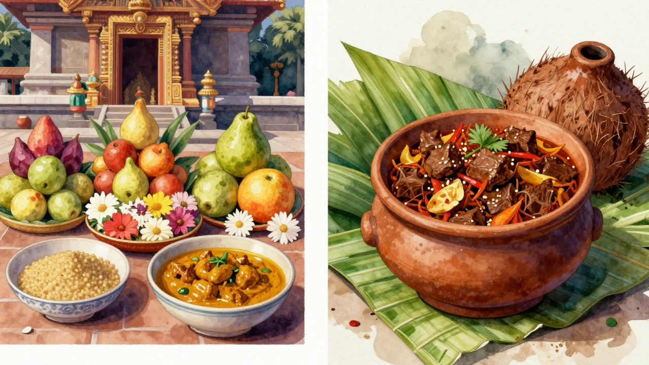Split illustration showing a serene vegetarian temple offering and a vibrant Kerala beef curry dish.