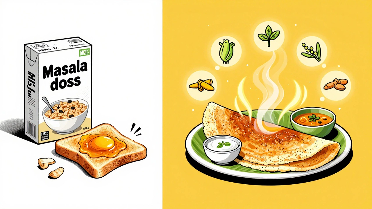 Split image contrasting processed Western breakfasts with the nutrient-rich Indian masala dosa.