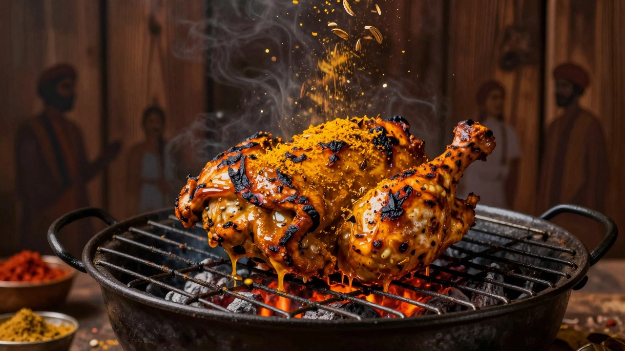 Tandoori chicken grilling over charcoal, with floating spice particles in the air.