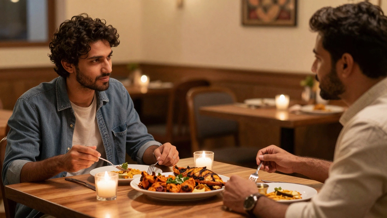 Traveler dining at an Indian restaurant with a local host explaining traditional chicken and fish dishes.