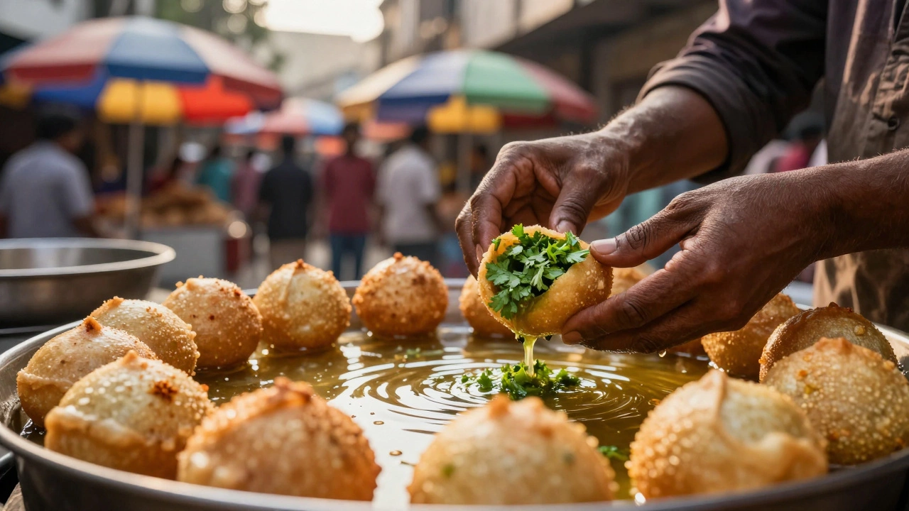 Vendor filling spicy pani puri in market street