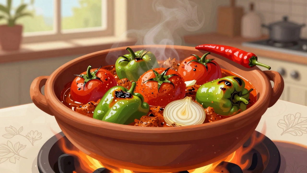 Vibrant vegetable jalfrezi cooked in a clay pot with charred peppers and onions.