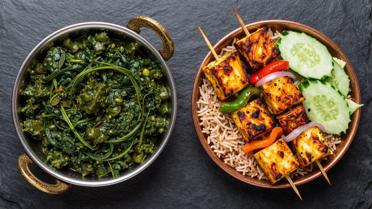 A balanced Indian meal featuring Palak Paneer, grilled skewers, and brown rice