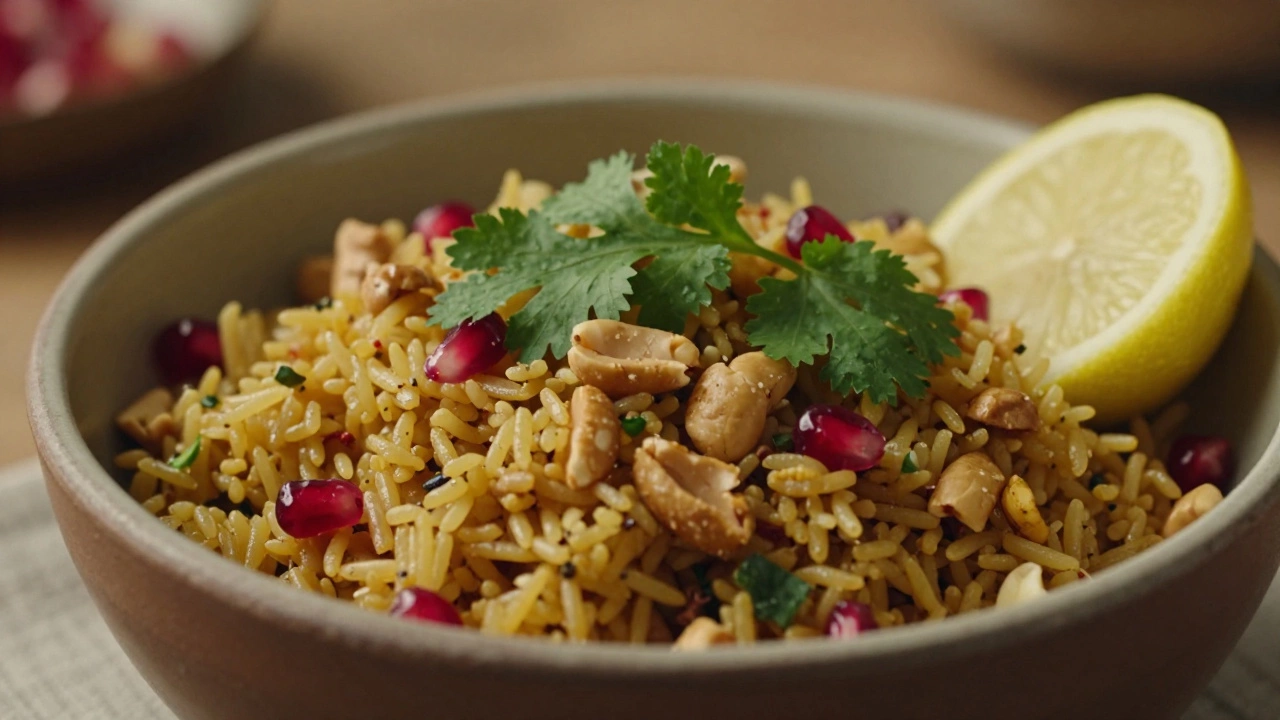 A bowl of savory Poha garnished with peanuts, pomegranate seeds, and fresh coriander.