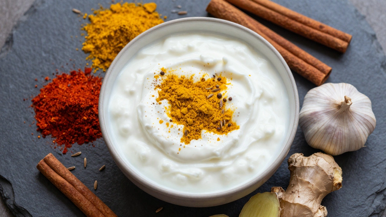 A mix of Greek yogurt and colorful Indian spices like turmeric and chili on a dark surface