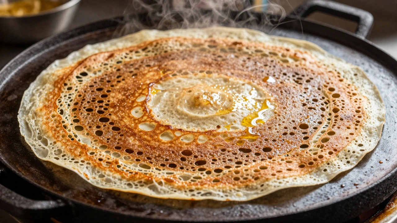 A thin, golden-brown crispy dosa with a lacy texture cooking on a hot cast-iron tawa