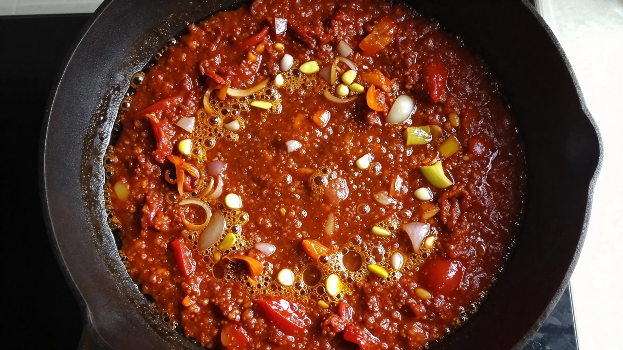 Close-up of a bubbling tomato and onion masala base in a frying pan