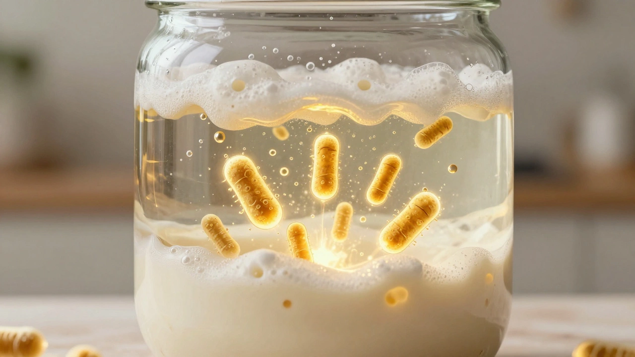 Conceptual illustration of air bubbles and microbes causing dosa batter to rise in a jar