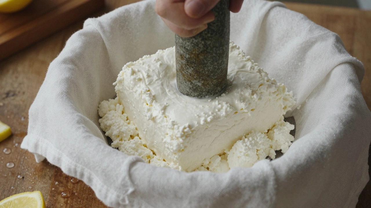 Fresh homemade paneer curds being pressed in a muslin cloth