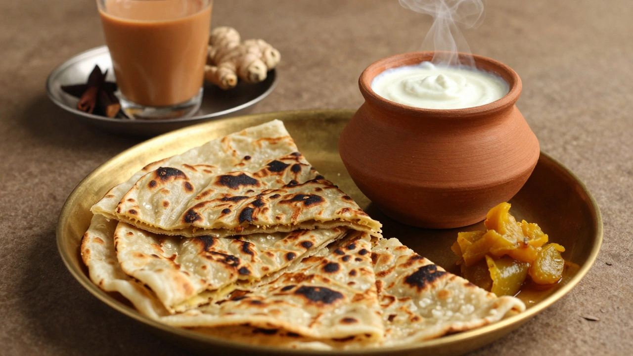 Golden brown Aloo Paratha served with a bowl of curd and a glass of steaming masala chai.