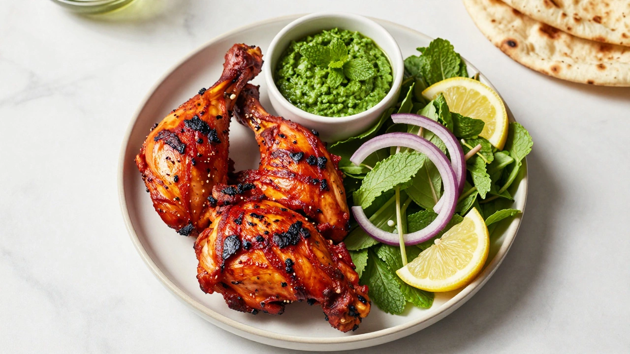 Healthy tandoori chicken platter served with fresh green salad and mint chutney