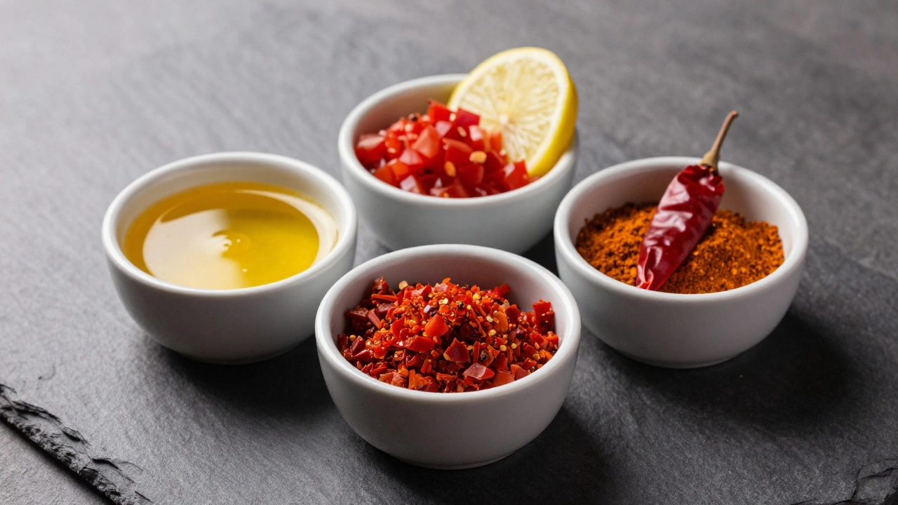 Three bowls containing ghee, tomatoes, and chilies representing curry balance