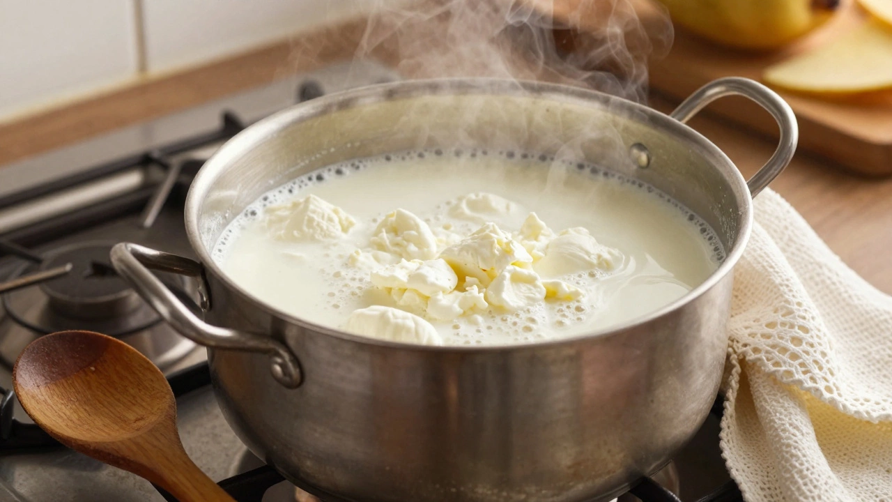 Boiling milk separating into paneer curds and whey in a steel pot
