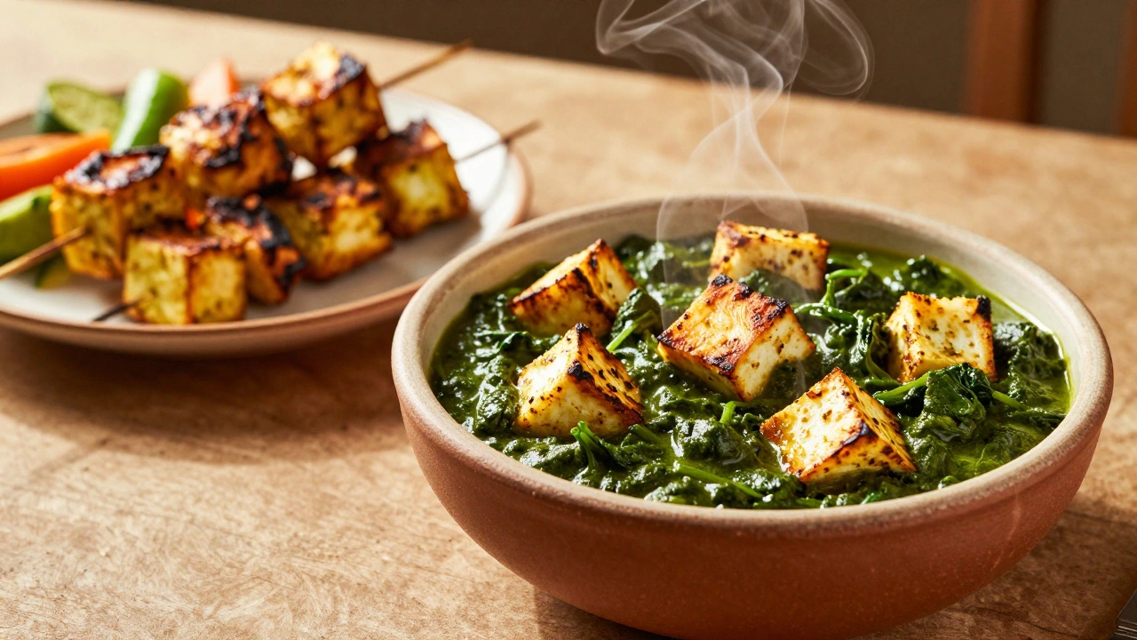 Bowl of palak paneer and grilled paneer skewers on a dining table