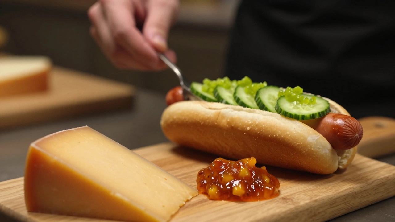 Cheese board with chutney and hot dog with relish showing pairings
