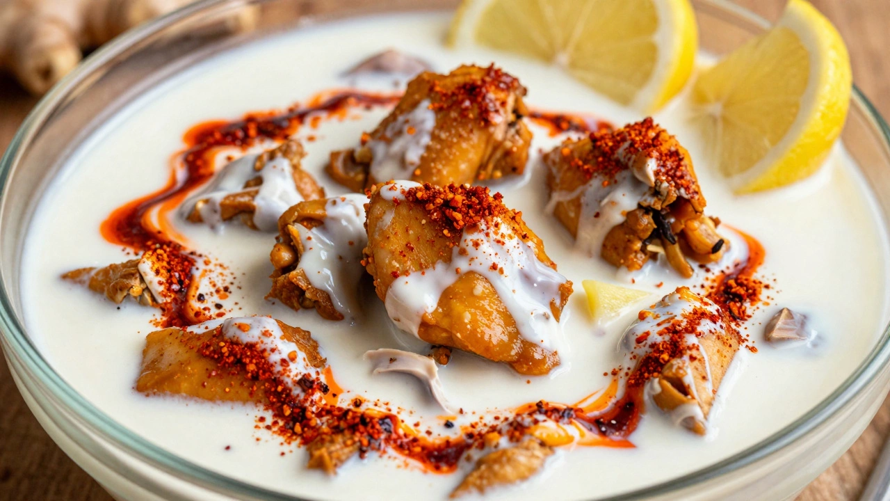 Chicken pieces marinating in thick white yogurt and red spice mixture