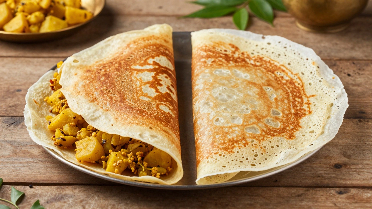 Comparison of thick masala dosa and thin crispy plain dosa side by side.