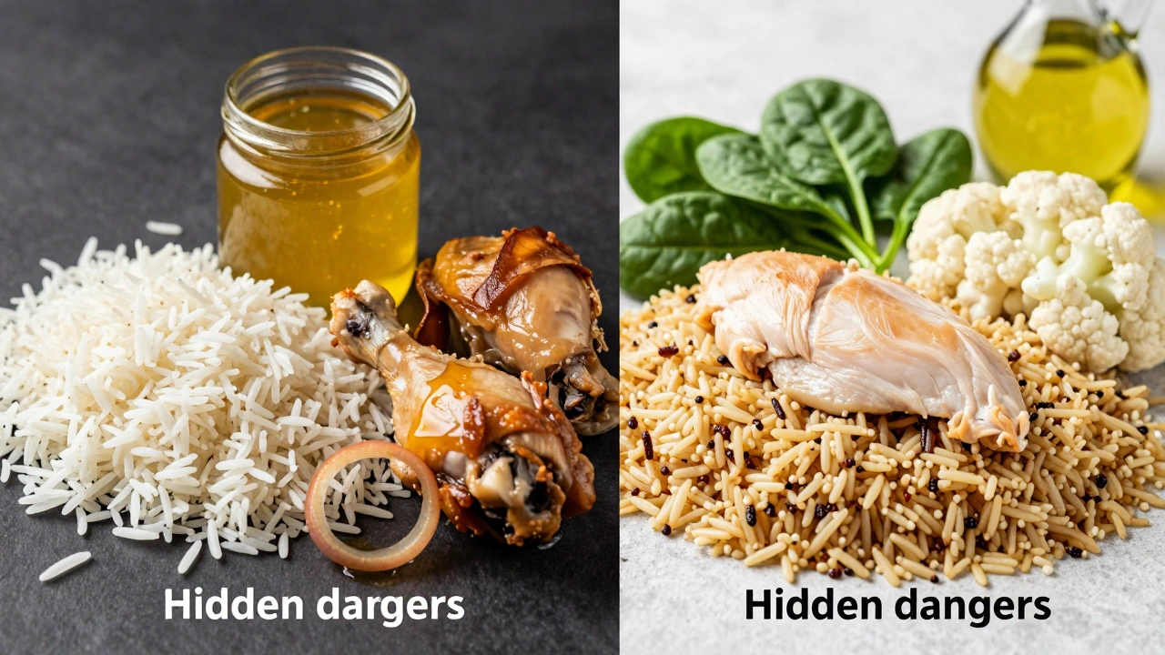 Contrast between unhealthy biryani ingredients like ghee and healthy alternatives