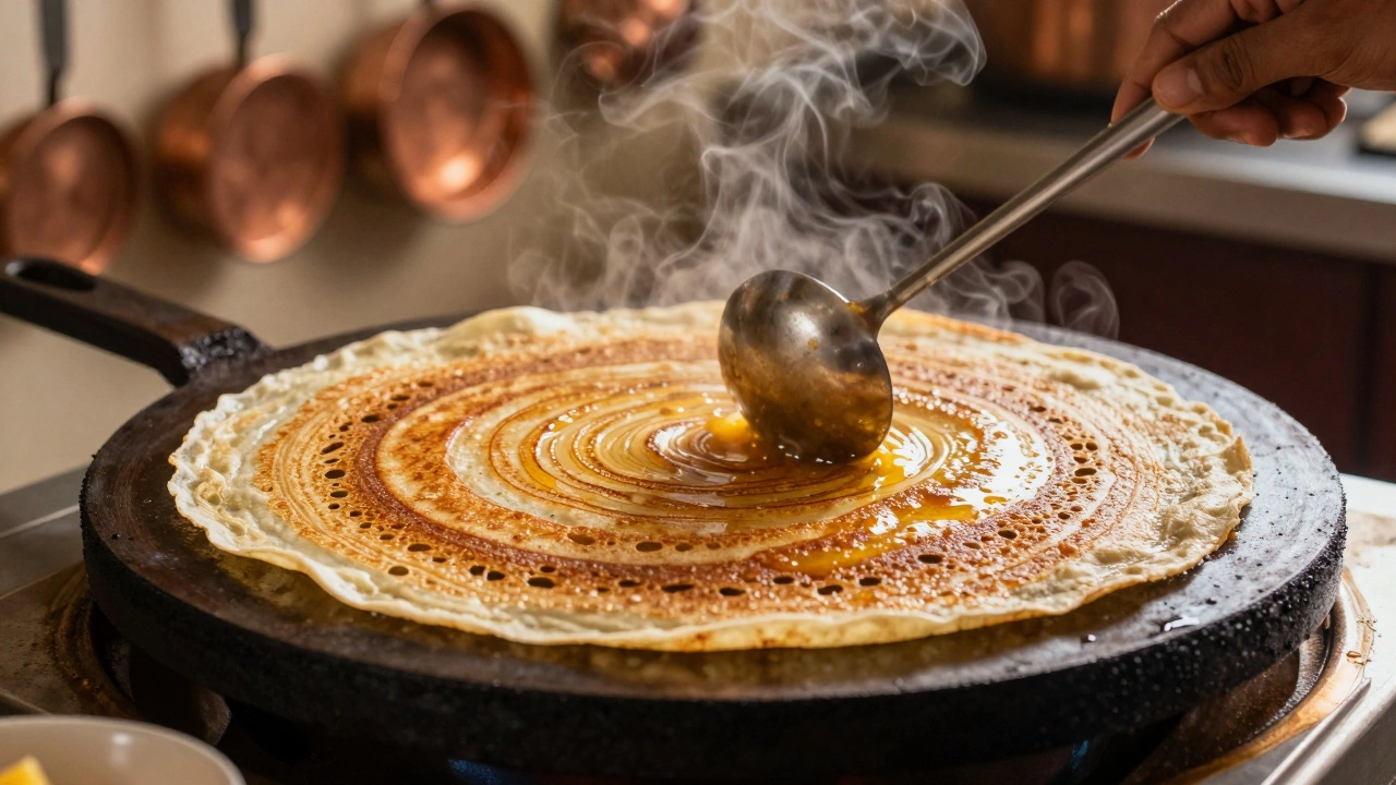 Crispy golden dosa cooking on a hot cast iron griddle