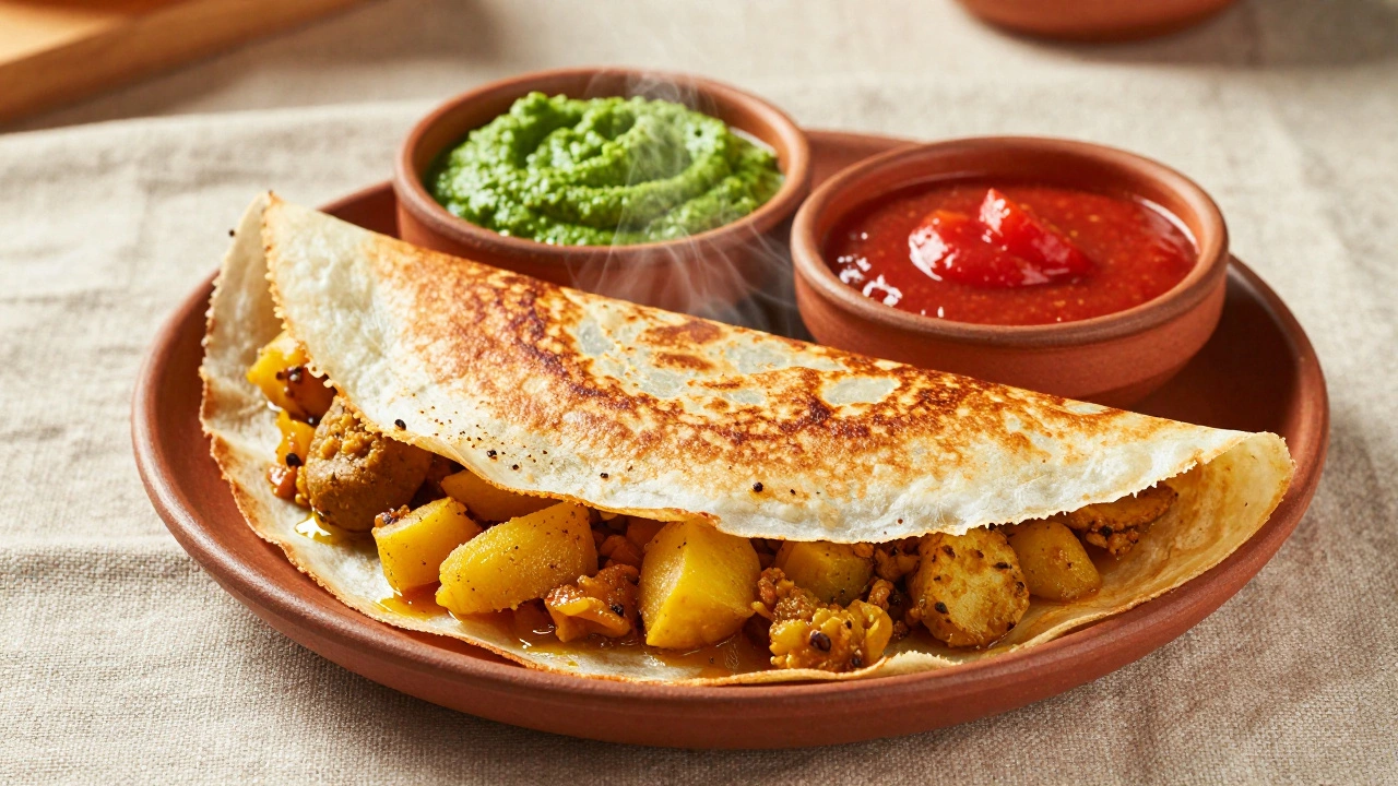 Folded masala dosa with potato filling and chutneys