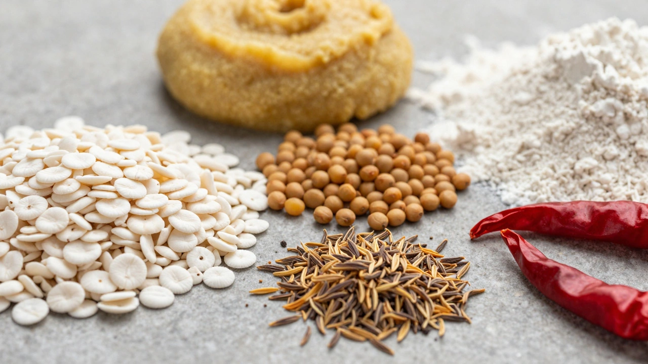 Fresh ingredients for Indian breakfast like rice, lentils, and spices on a counter.