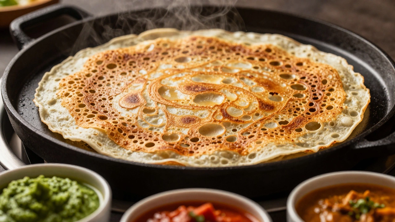 Golden, lacy crispy dosa cooking on a hot cast-iron tawa.