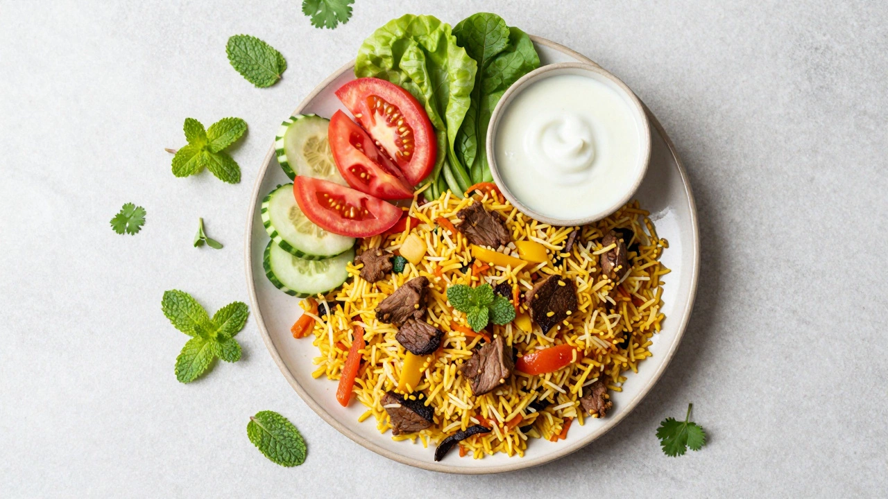 Healthy biryani plate with lean protein, veggies, and fresh salad sides
