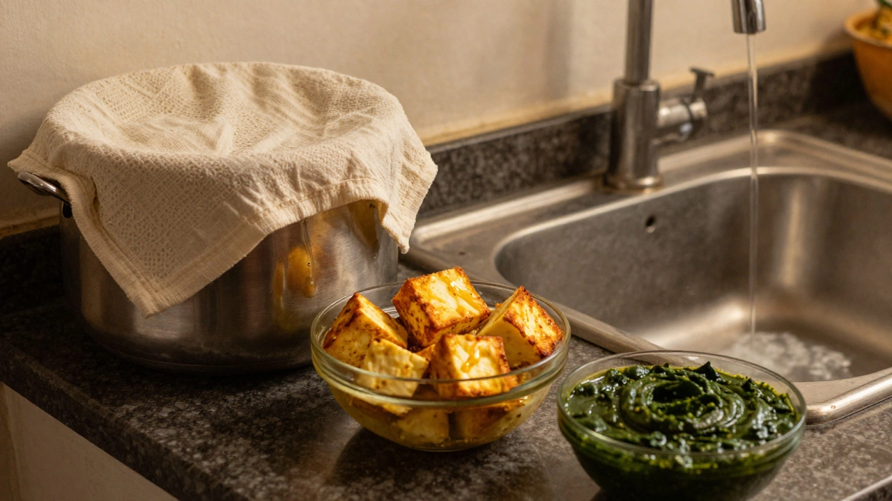 Homemade paneer preparation with fried cubes and spinach curry