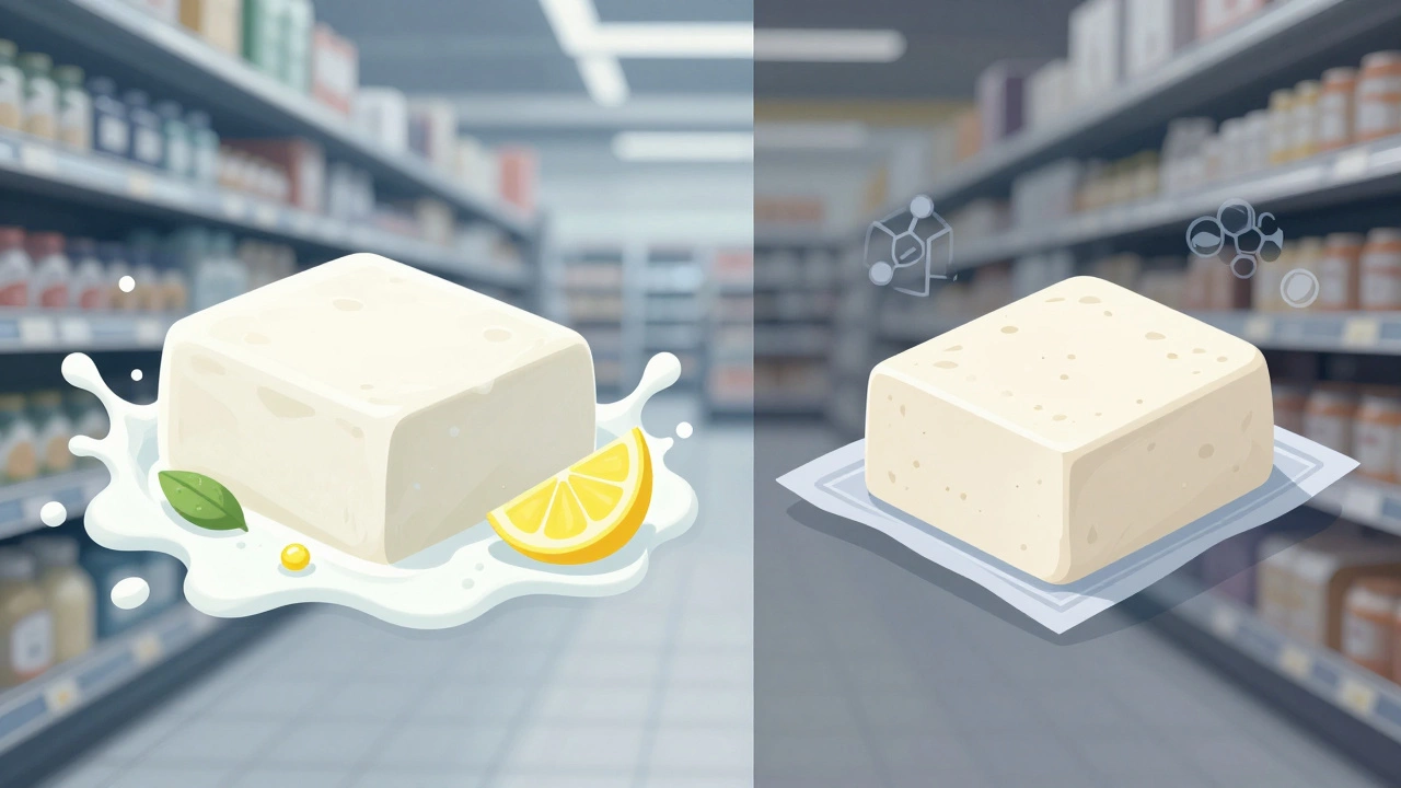 Illustration contrasting simple homemade paneer with processed store-bought paneer