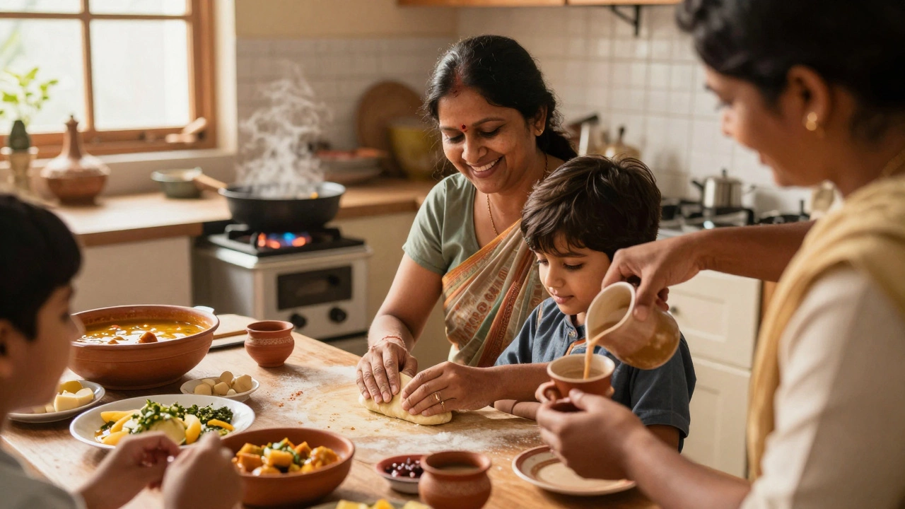 Indian family cooking and drinking chai together in a warm, sunlit kitchen.