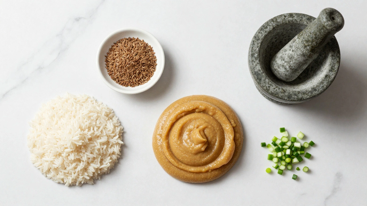 Ingredients for dosa batter including rice, dal paste, and spices