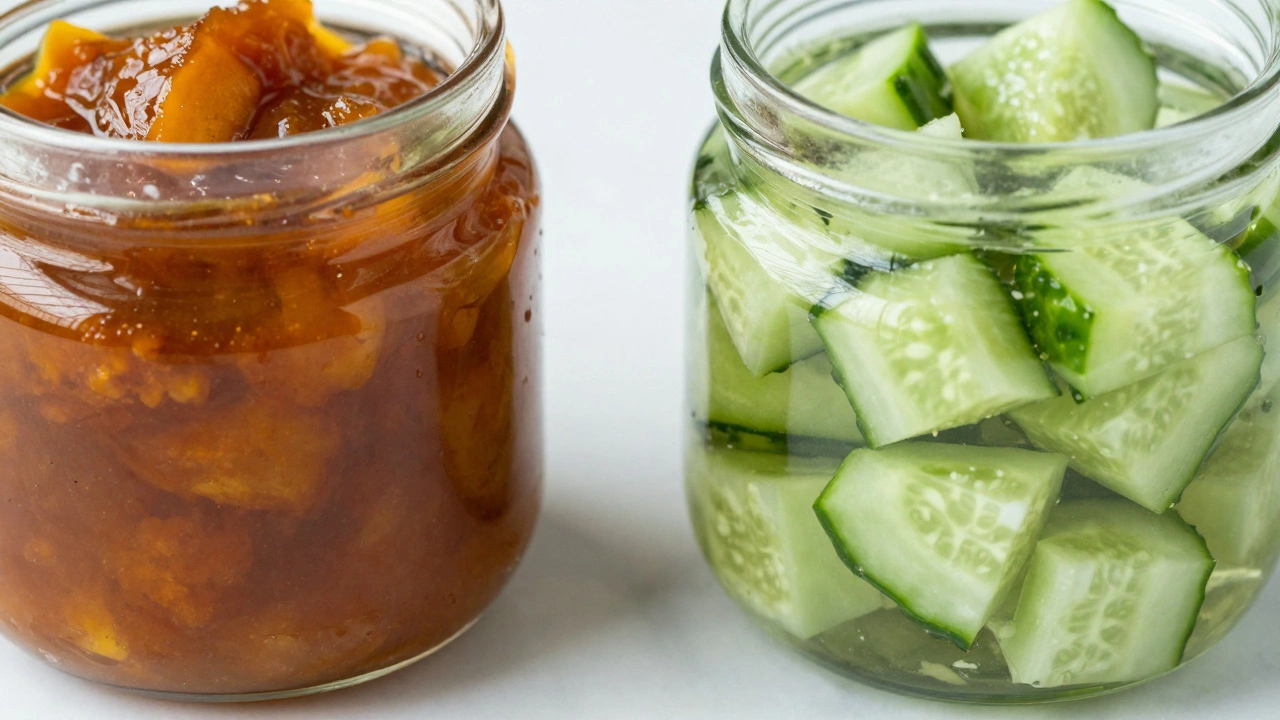 Side-by-side comparison of jarred mango chutney and cucumber relish