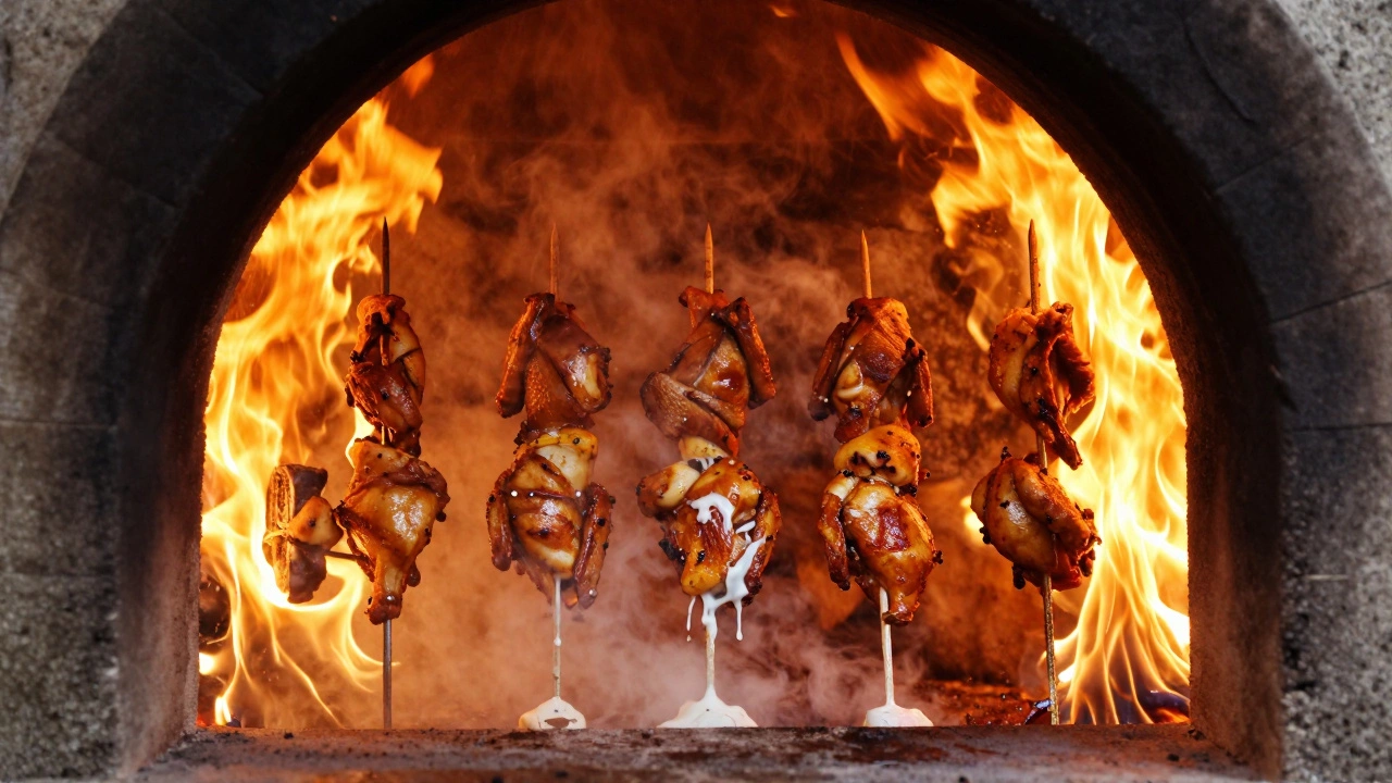 Tandoori chicken roasting in a clay oven with dripping rendered fat