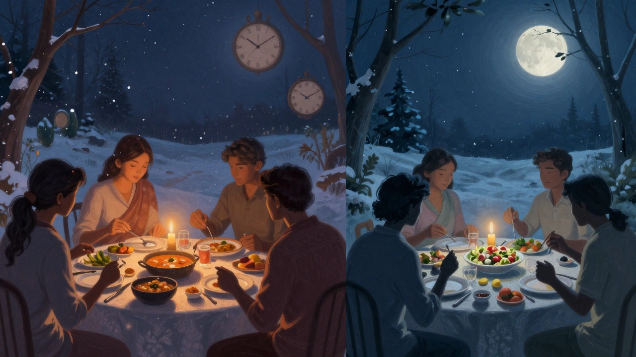 Artistic split view of winter and summer dinner habits in India
