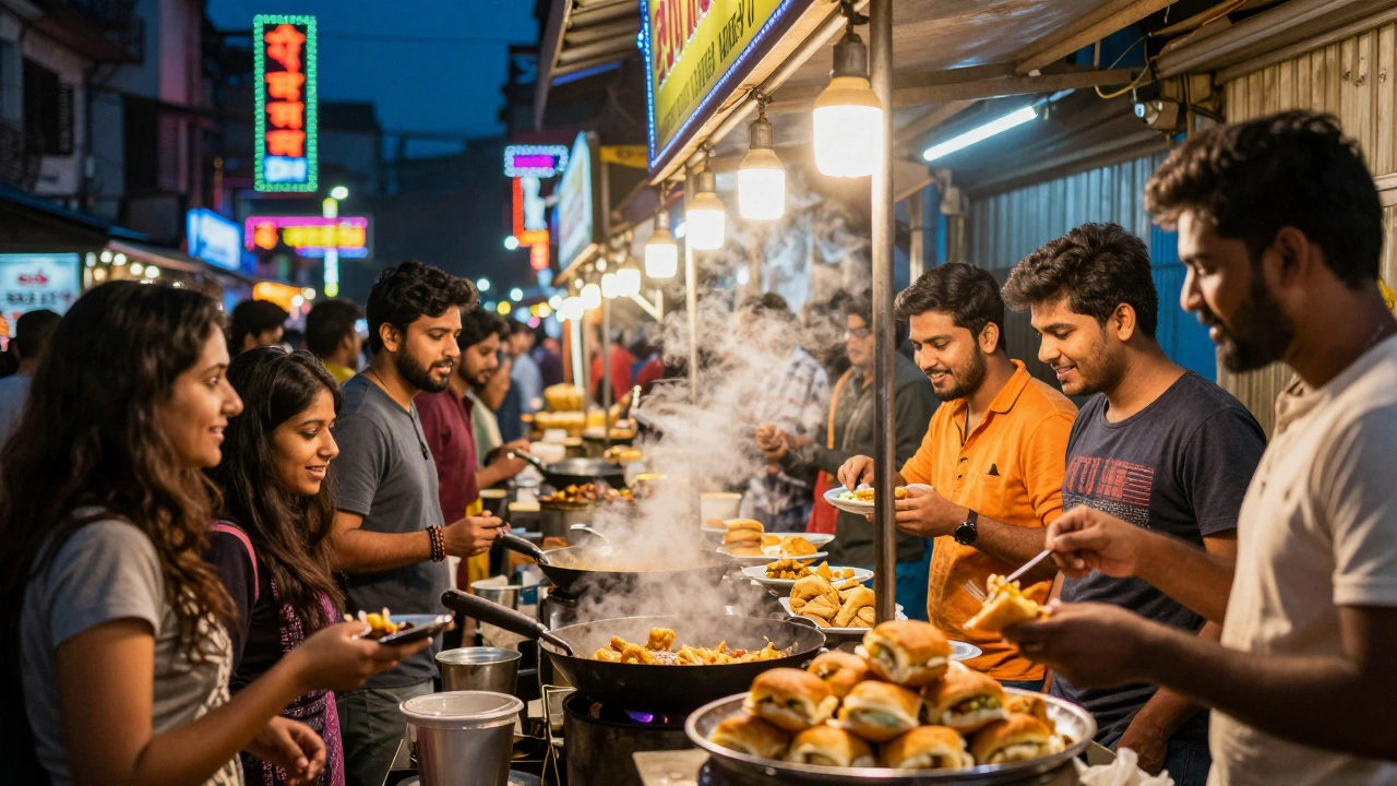 Bustling Indian street food stalls serving customers at midnight