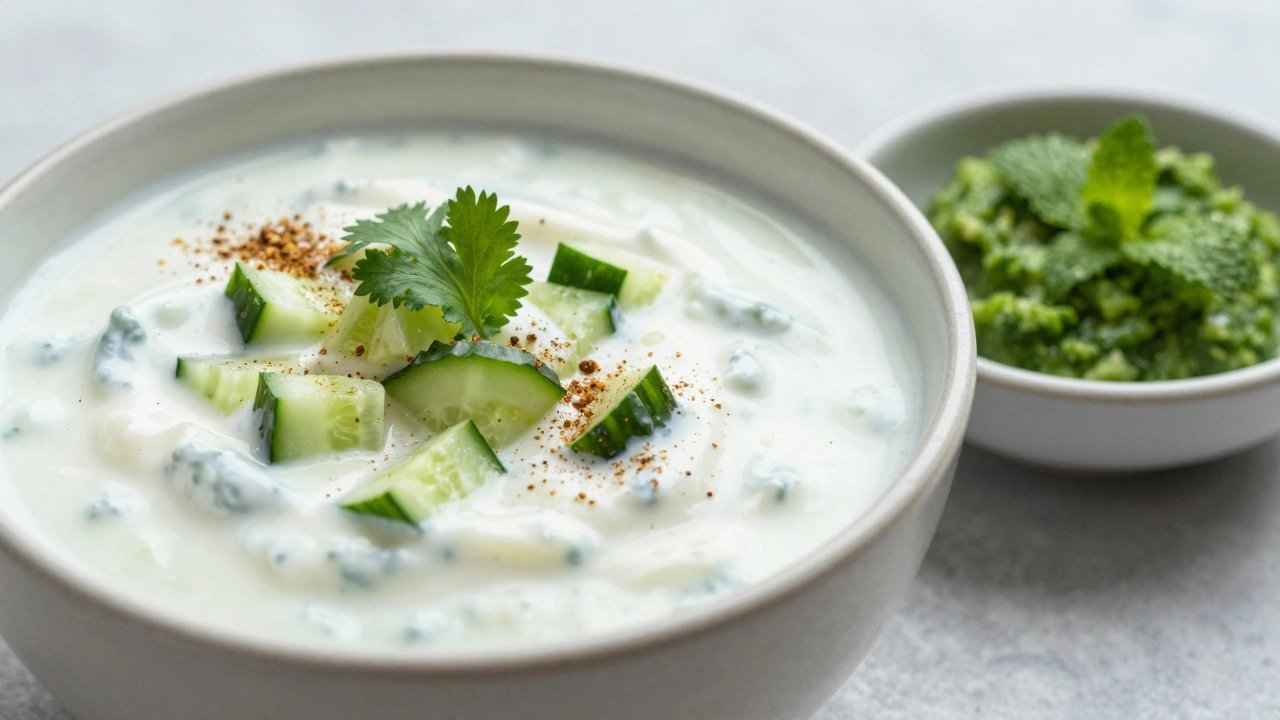 Creamy cucumber raita and green chutney in ceramic bowls
