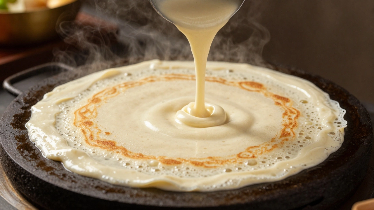 Fermented dosa batter pouring onto a hot griddle with lacy edges