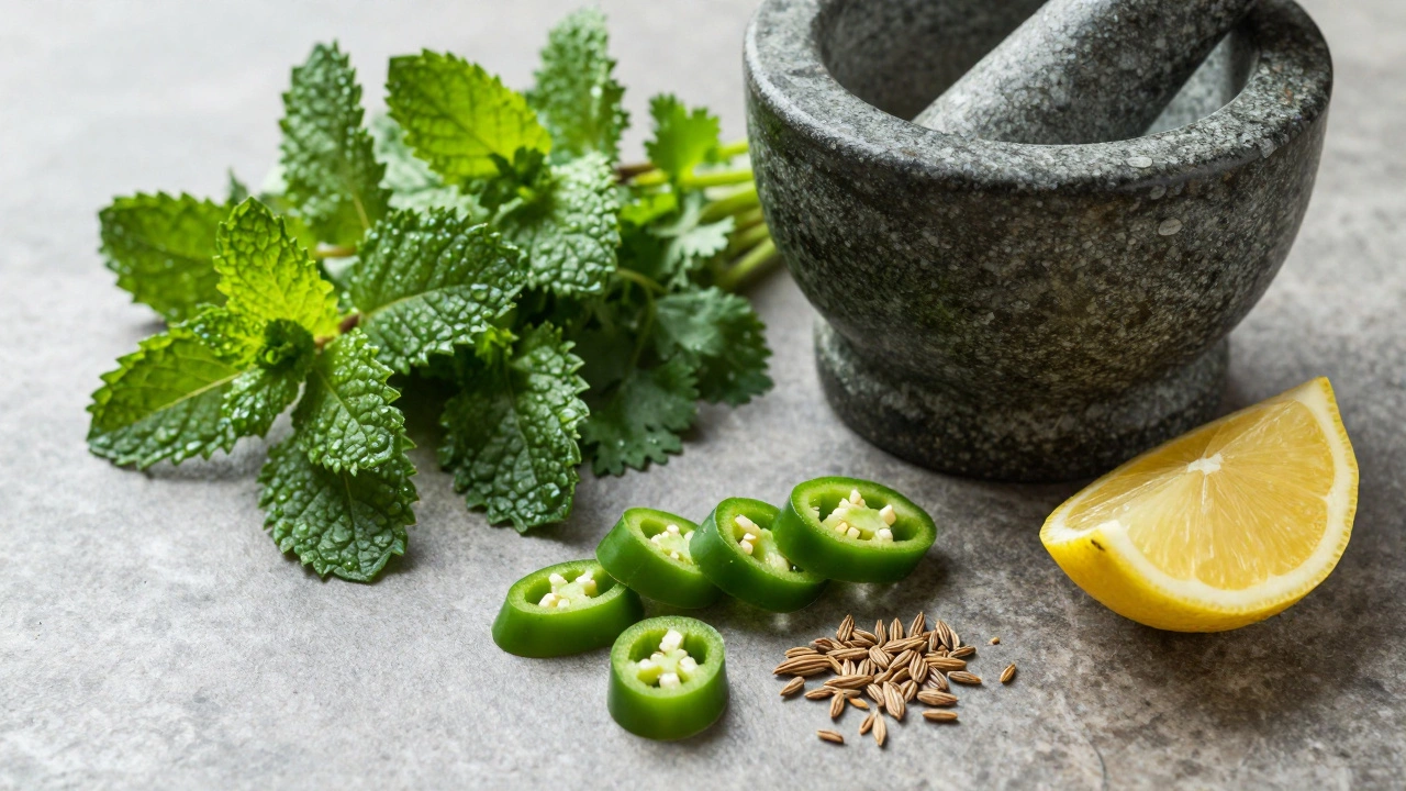 Fresh mint, coriander, and spices arranged for making green chutney