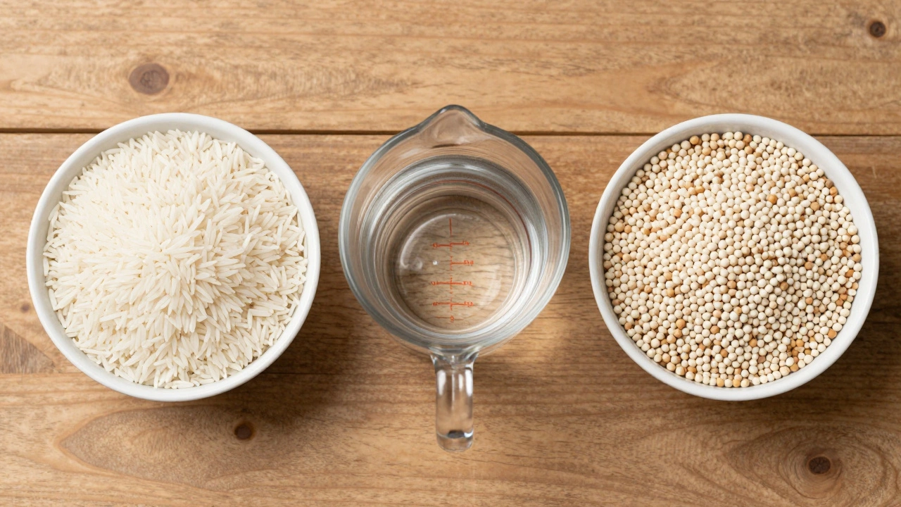 Fresh rice and urad dal ingredients arranged on a wooden table