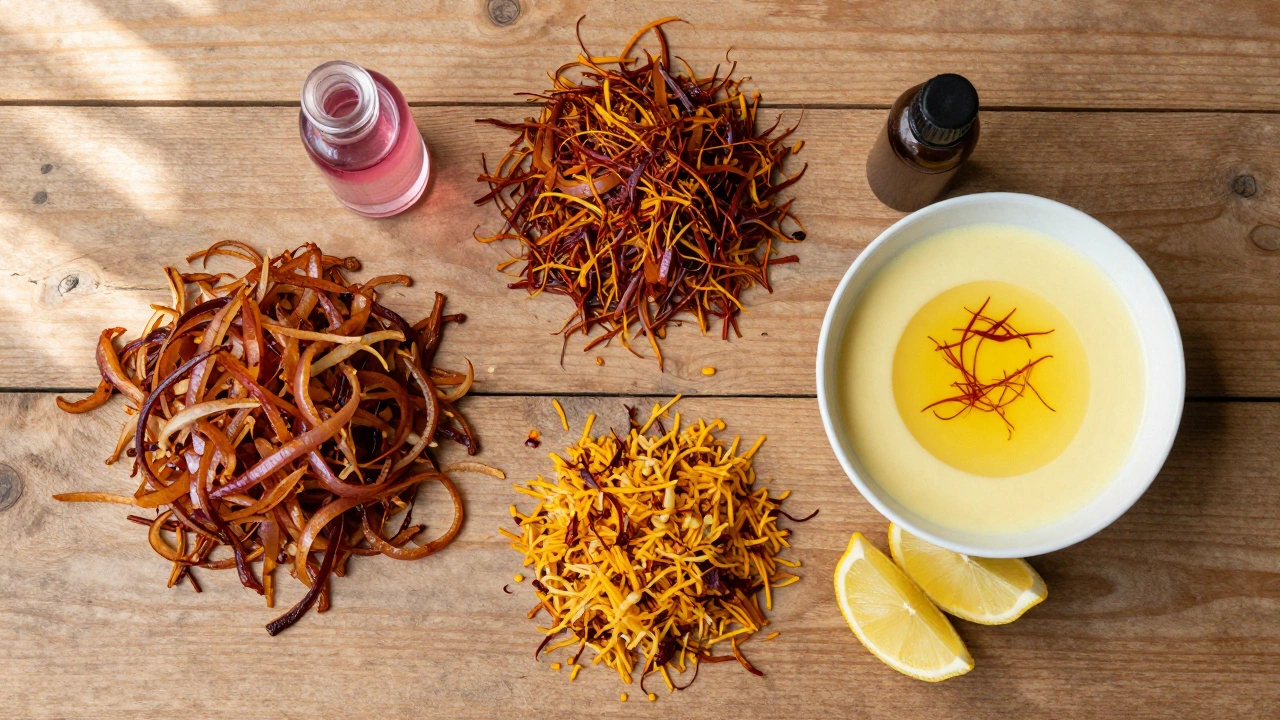 Fried onions, saffron milk, and rose water arranged for biryani