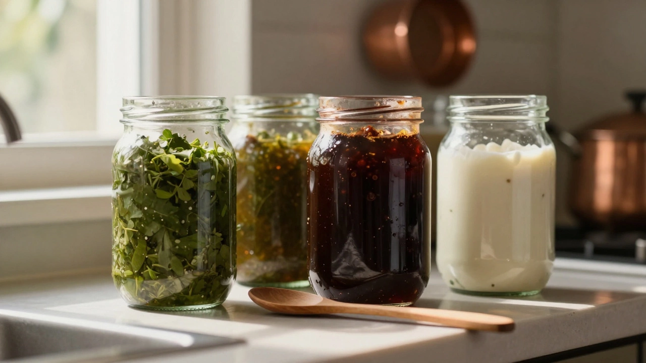Glass jars of homemade chutneys stored on a kitchen counter