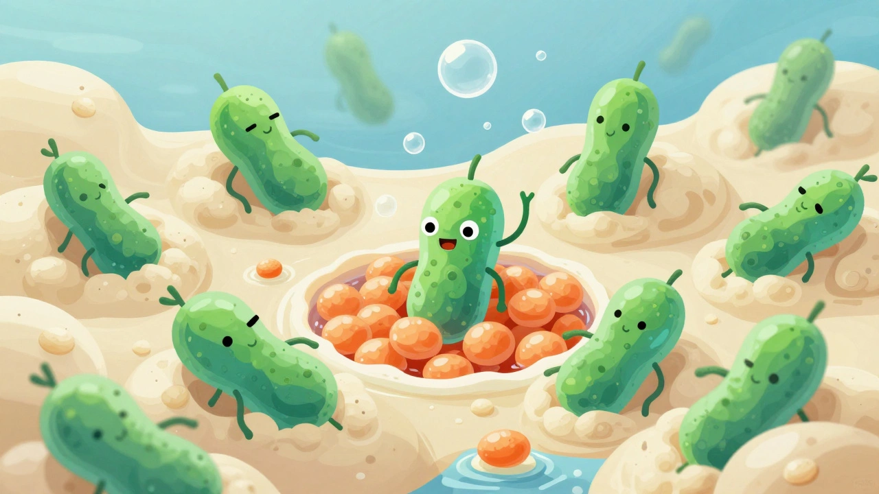 Illustration of bacteria and yeast fermenting batter at microscopic level