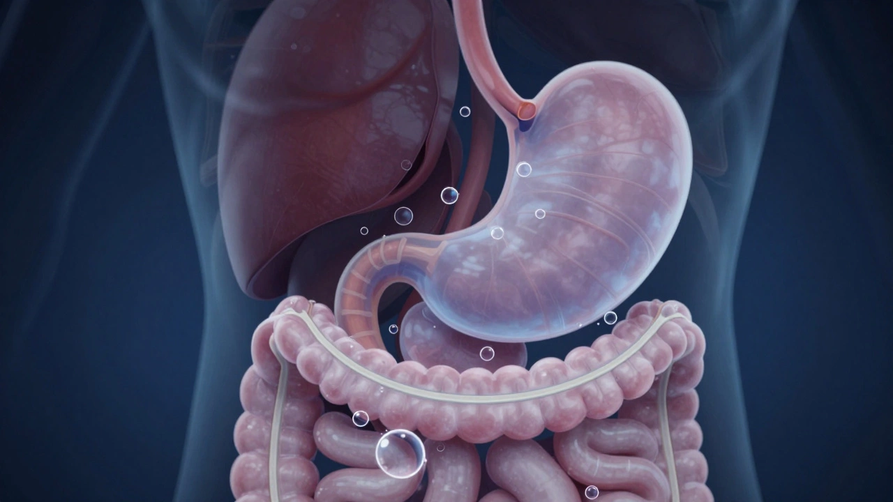 Illustration of trapped gas in intestines during nighttime digestion