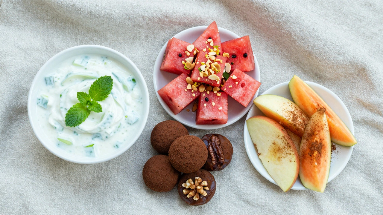 Overhead view of cucumber raita, watermelon chaat, and date walnut energy balls.