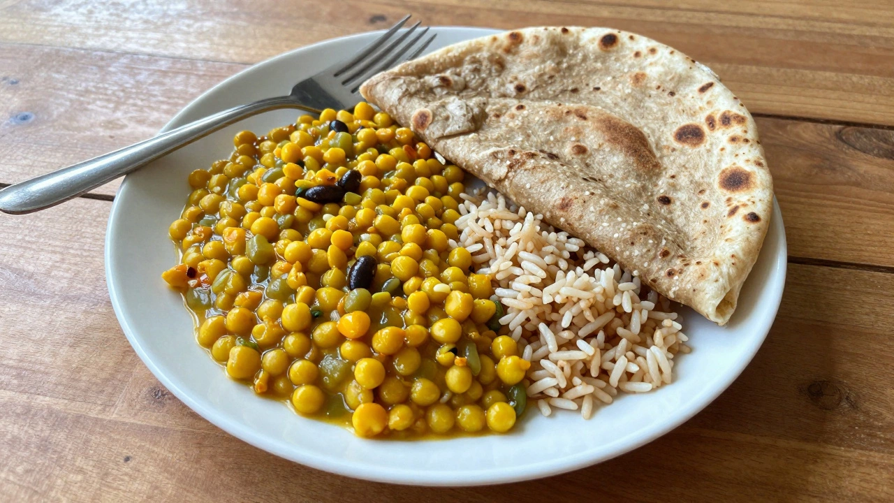 Plate of chana dal with roti and rice showing balanced nutrition