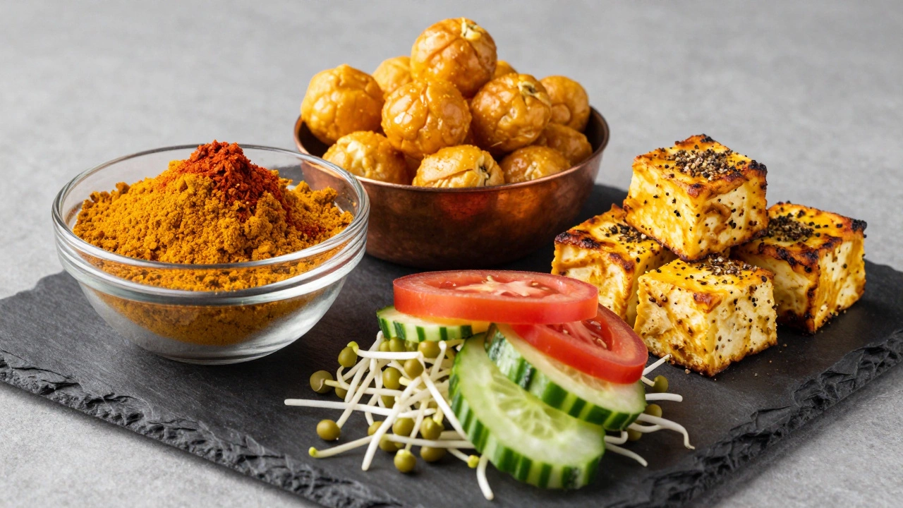 Plate of roasted chana, makhana, and grilled paneer with sprouted moong salad.