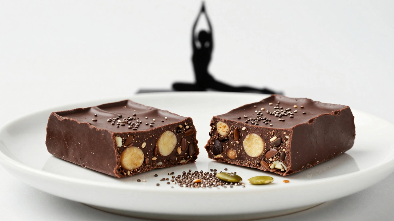 Soy chocolate fudge and lentil protein bars garnished with seeds on a white plate.